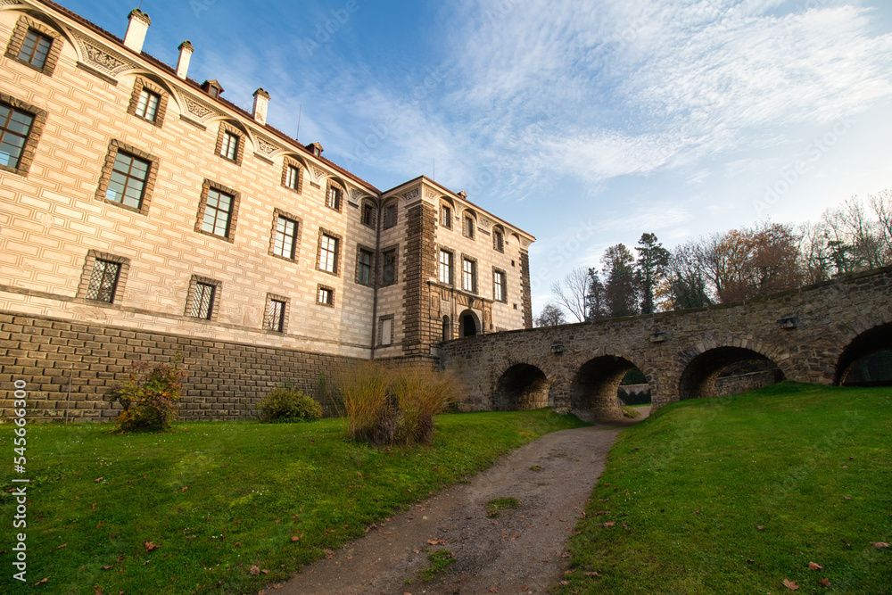 The Nelahozeves Chateau, finest Renaissance castle, Czech Republic. Main gate with bridge.
