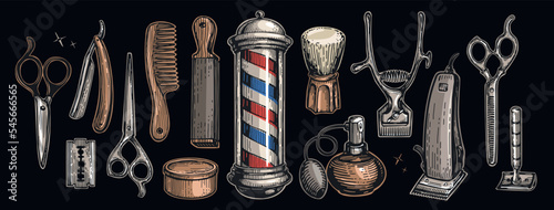 Hairdressers tools and barbershop set of objects, design elements. Barber shop and haircuts salon concept
