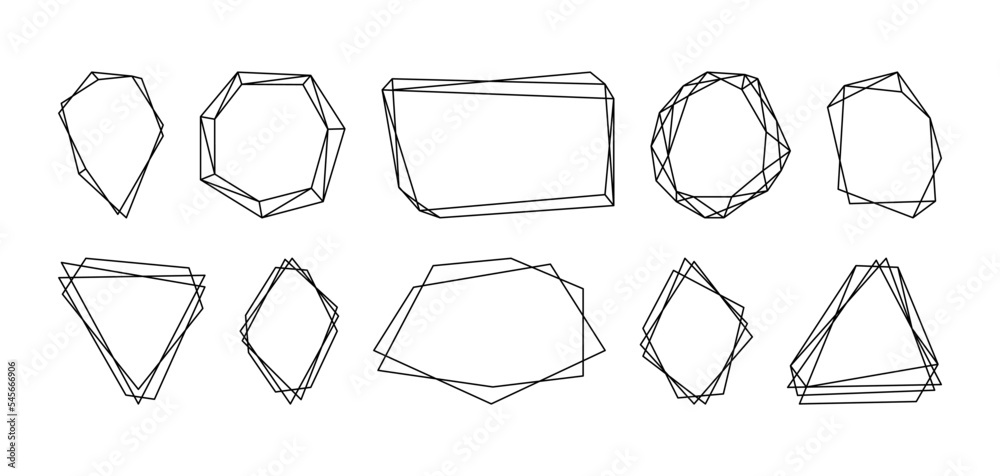 Set black polygonal geometric frames. Simple decorative lines borders, festive decoration. Line design elements for wedding invitation card, different celebration and holidays, poster and banner. Set black polygonal geometric frames. Simple decorative lines borders, festive decoration. Line design elements for wedding invitation card, different celebration and holidays, poster and banner.