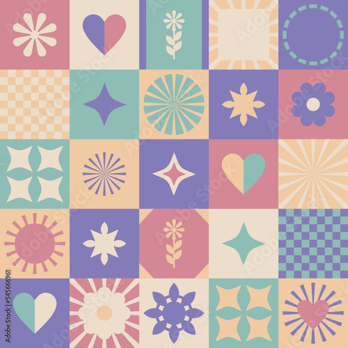 Mosaic seamless square pattern in retro vintage colors. Patchwork print, mosaic background of cute pastel decorative elements for festive wrapping paper, for children's fabric and textiles.