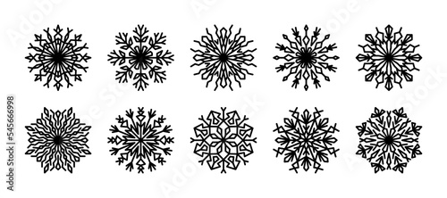 Snowflake line icons set, winter vector illustration. Outline snow flakes for winter design, decor. Collection line art snowflakes, crystal ornament. Design element for new year, christmas cards.