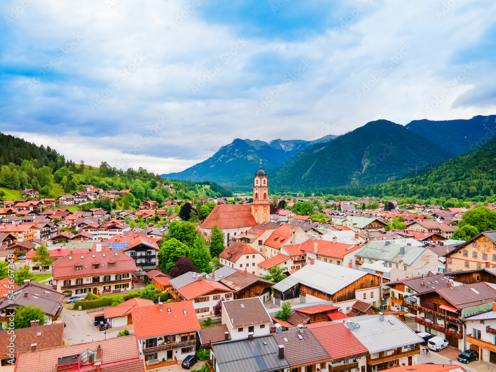 Mittenwald town aerial panoramic view, Germany