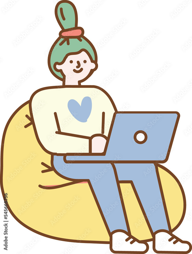  Woman working Laptop Linear illustration
