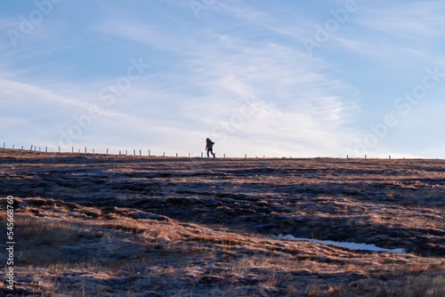 Silhouette of a woman hiking on alpine meadow along a fence after sunrise from Ladinger Spitz to Gertrusk, Saualpe, Lavanttal Alps, Carinthia, Austria, Europe. Mountains in Wolfsberg in golden colors photo