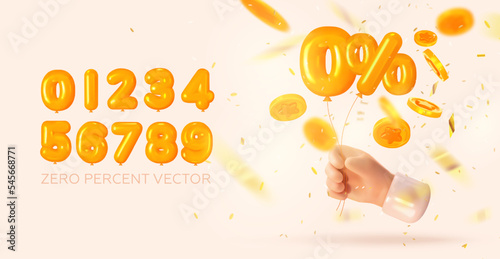 Hand holding zero percent balloons. Interest rate. Credit or commission. 0% Loan rate fee. Set to create any percentage. Vector illustration