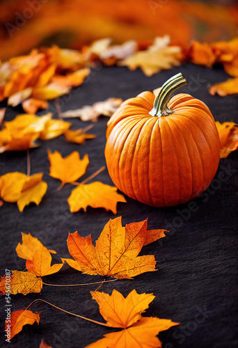 Happy Thanksgiving day, pumpkins and fallen leaves on the autumn background, autumn scene, festive atmosphere, beautiful pumpkin scene, bokeh, digital illustration