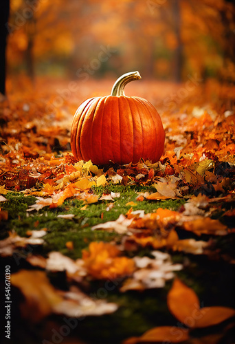 Happy Thanksgiving day  pumpkins and fallen leaves on the autumn background  autumn scene  festive atmosphere  beautiful pumpkin scene  bokeh  digital illustration