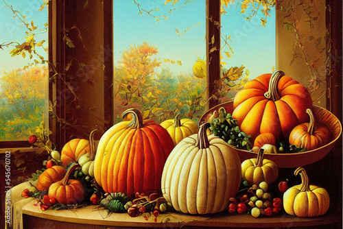 Autumn Thanksgiving day background. Pumpkins  gourds  squashes. Beauty Holiday autumn festival concept. Fall scene. Orange pumpkin over beauty bright autumnal nature background. Harvest