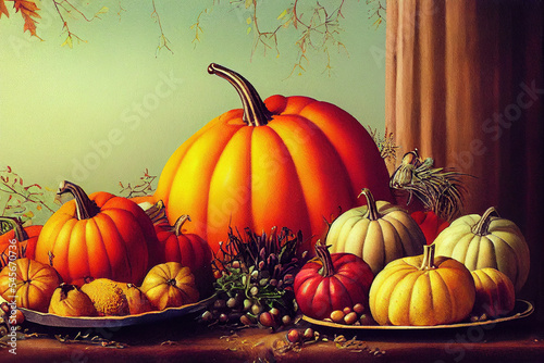 Autumn still life composition  Thanksgiving pumpkins with berries on a plate  Thanksgiving background  pumpkins decoration  gourds  squashes collection  happy Thanksgiving day  flowers