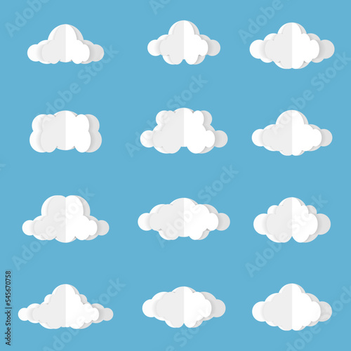 Different clouds on blue sky in origami design. Collection of white paper cut out cloud icons. Paper cloud. Weather symbols. Vector illustration