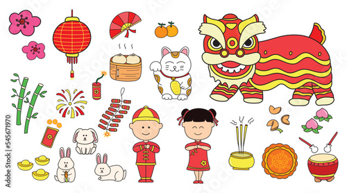 Kids drawing vector Illustration set of Chinese New Year 2023 and cute rabbit for chinese rabbit year