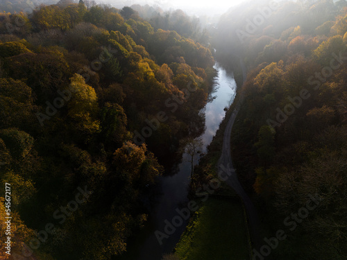 Aerial footage of an Autumn Scene on the river Aire in Bingley West Yorkshire photo