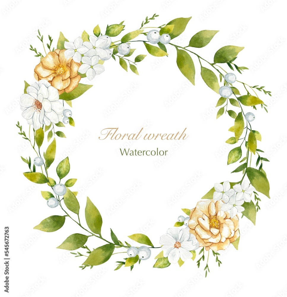 Floral watercolor wreath of leaves and white and beige flowers