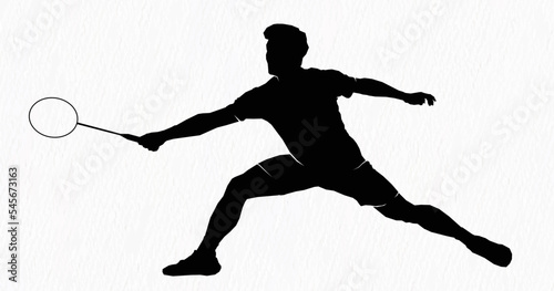 Boys and girls playing badminton silhouettes isolated on paper textured white backgrounds. Friends sport fun. Badminton players in action.