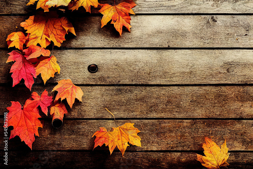 Old wooden table, autumn themed, space for text