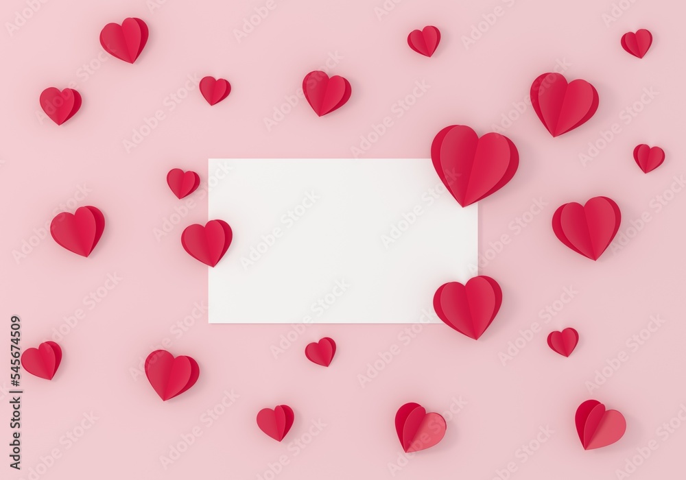Card with paper full hearts on pink background. Valentines, mother or woman day concept.