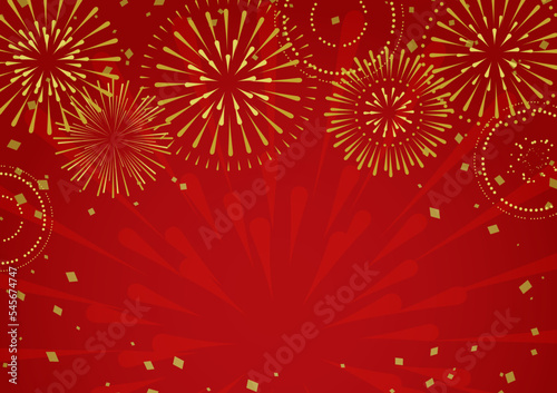 華やかな花火が上がる赤い背景イラスト
