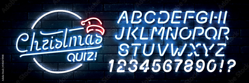 Vector realistic isolated neon sign of Christmas Quiz logo with easy to change color alphabet font on the wall background. Concept of Merry Christmas and Happy New Year. Vector realistic isolated neon sign of Christmas Quiz logo with easy to change color alphabet font on the wall background. Concept of Merry Christmas and Happy New Year.