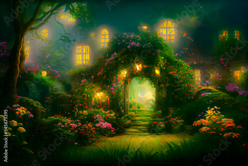 Natural landscape of a fairy tale country, with houses and flowers. Cartoon style. Advertising for books, illustrations and cartoons.