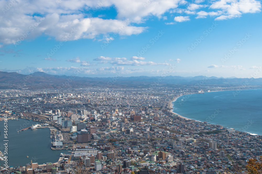 函館山展望台から眺める函館湾と東側の海岸線
