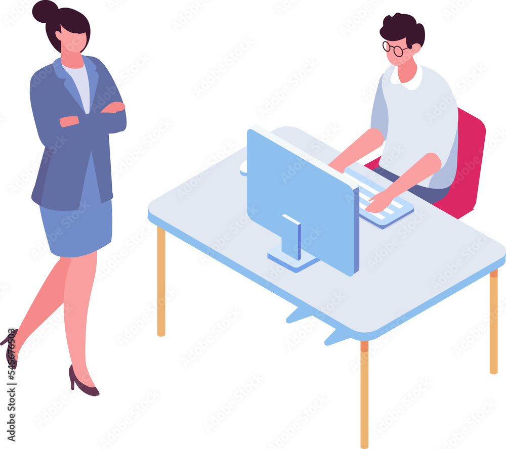 Obraz premium Boss, Leader. Computer working isometric people. Office life illustration