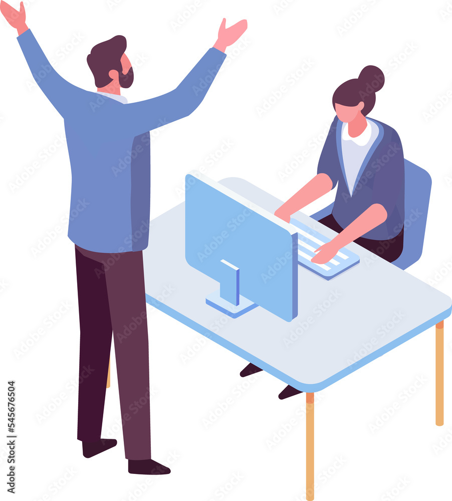 Boss, Leader. Computer working isometric people. Office life illustration