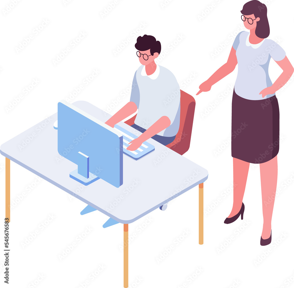 Obraz premium Boss, Leader. Computer working isometric people. Office life illustration