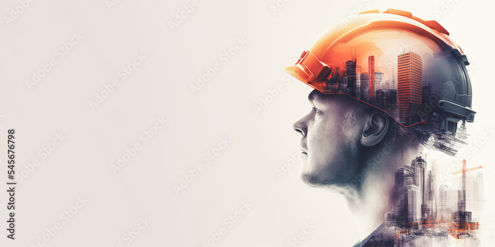 Future building construction engineering project devotion with double exposure graphic design. Building engineer, architect people or construction worker working with modern civil equipment technology - obrazy, fototapety, plakaty 