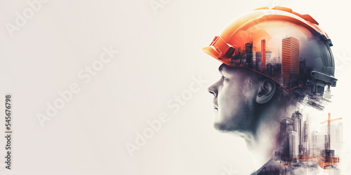 Future building construction engineering project devotion with double exposure graphic design. Building engineer, architect people or construction worker working with modern civil equipment technology photo