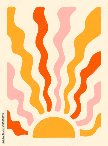 Colorful retro background. Hippie fun gift card template. Vintage 1970s wavy poster. 1960s nostalgic groovy vector illustration.