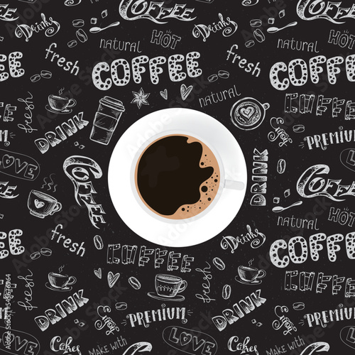 Cup of coffee. Good morning, coffee break. Printable banner, funny web poster template. Top view. Black chalkboard with hand drawn elements on background. Doodle symbols, signs.