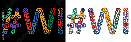 WI Hashtag. Multicolored bright isolate curves doodle letters. Hashtag #WI is abbreviation for the US American Wisconsin. Set for social network, web resources, mobile apps.