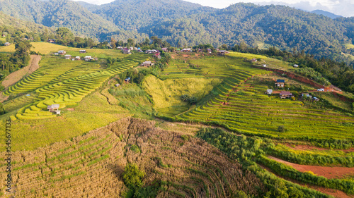Aerial view at Pa Pong Piang Rice Terraces with homestay on mountain,