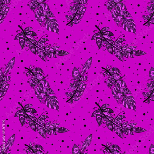 Colorful creative feather seamless pattern. Vector artistic illustration.	