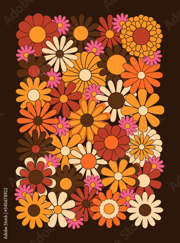 Vintage 1970s floral poster. 1960s nostalgic groovy flat vector illustration. Hippie fun background. Retro flower power gift card template.