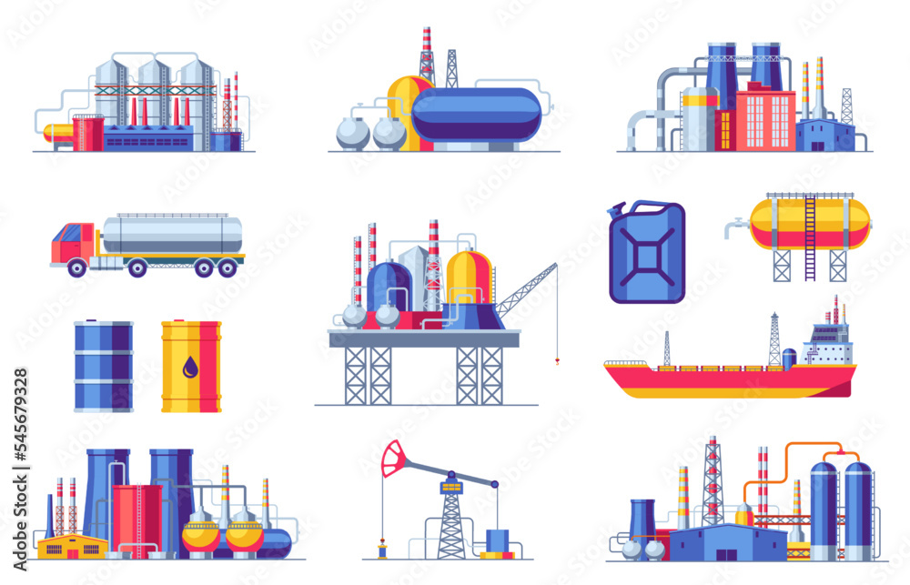 Oil extraction and production icons. Fuel gas industry constructions, petroleum barrel pipeline coal transportation symbols cartoon style. Vector isolated set Oil extraction and production icons. Fuel gas industry constructions, petroleum barrel pipeline coal transportation symbols cartoon style. Vector isolated set