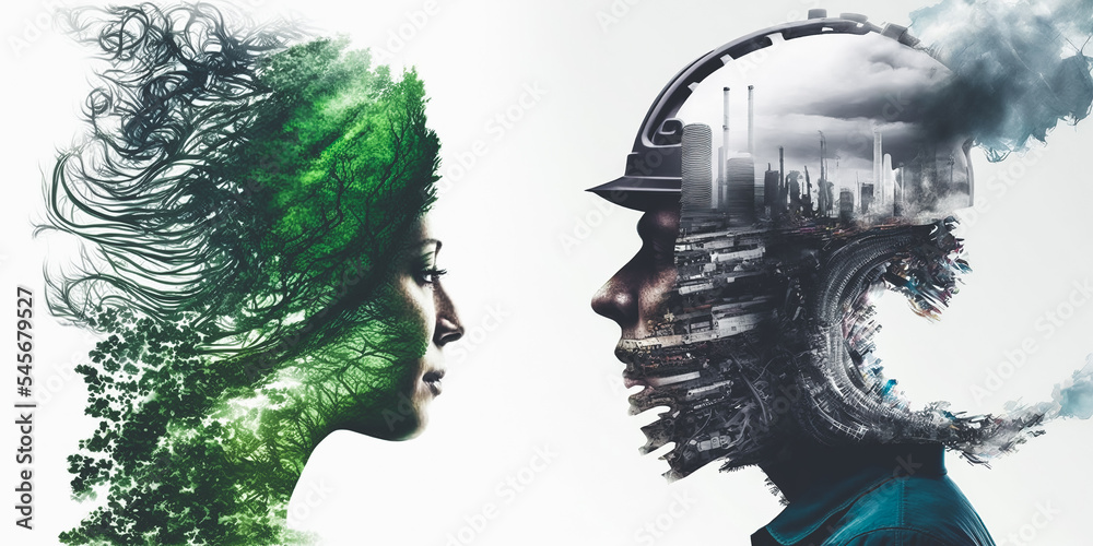 Climate change and global warming prevention concept shown by people devotion to save our planet against dirty industry, air pollution and carbon dioxide emission presented with double exposure image - obrazy, fototapety, plakaty 