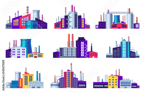 Power stations and factories. Electricity energy industrial buildings, manufacturing warehouse construction urban factory plant icons. Vector cartoon set