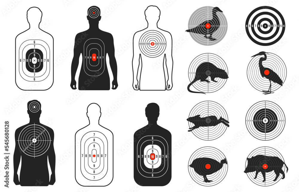 Target silhouettes. Shooting range bullseye aim animals human shapes