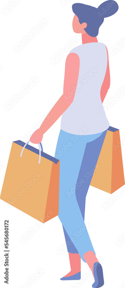 Isometric woman, girl with shopping bag. Shopping, market