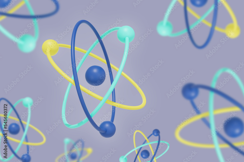 Blue background with atomic nuclei. 3D rendering of a model of the central particle of matter. Minimalist modern design.