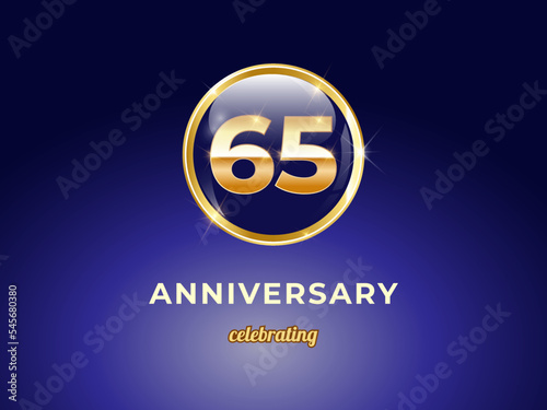 Vector graphic of 65 years golden anniversary logo with round blue glossy button with gold ring frame on dark blue gradient background. Good design for Congratulation celebration event, birthday, etc.