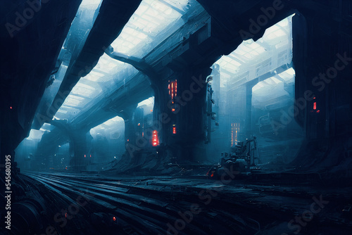 Lifeless gloomy underground city landscape with futuristic dystopia setting. Spectacular cyberpunk sci-fi mechanical structure or subway station in dark scifi metropolis. Digital art 3D illustration. photo
