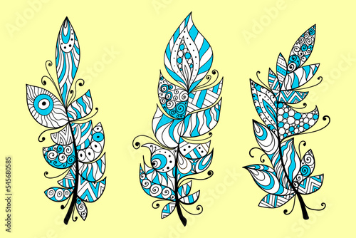 Colorful creative feather set. Vector artistic illustration.	