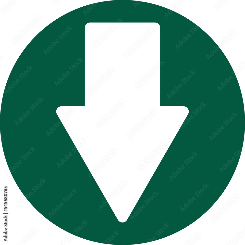 Down direction white green arrow in round industrial sign, navigation label vector Down direction white green arrow in round industrial sign, navigation label vector