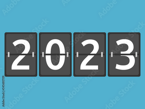 New 2023 year flip board on blue. Counting, anticipation, time and countdown concept. Flat design. Vector illustration. EPS 8, no gradients, no transparency