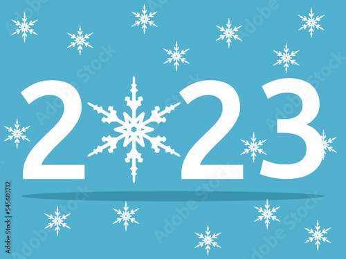 2023 with snowflakes. New Year, Christmas, holiday, celebration, greeting card or poster. Flat design. Vector illustration. EPS 8, no gradients, no transparency