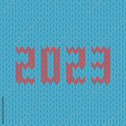 2023 number knitted, red on blue. New Year, Christmas, holiday, winter, hobby, knitting, crocheting and handmade concept. Flat design. Vector illustration. EPS 8, no gradients, no transparency