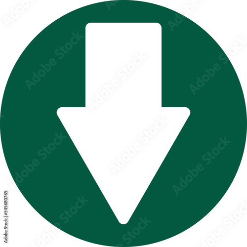 Down direction white green arrow in round industrial sign, navigation label vector