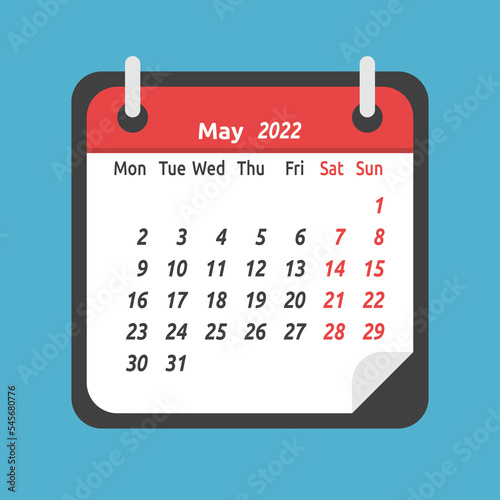 Monthly calendar for May 2022. Week starts on Monday. Time, planning and schedule concept. Flat design. Vector illustration. EPS 8, no gradients, no transparency